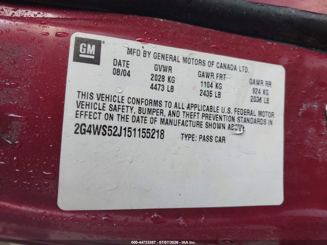 Продажа на аукционе авто 2005 Buick Century, vin: 2G4WS52J151155218, номер лота: 44723387