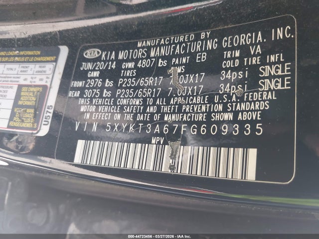 Продажа на аукционе авто 2015 Kia Sorento Lx, vin: 5XYKT3A67FG609335, номер лота: 44723456
