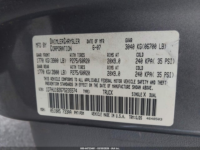 Aukcja sprzedaży 2007 Dodge Ram 1500 Laramie, vin: 1D7HU18267S235574, numer aukcji: 44723461
