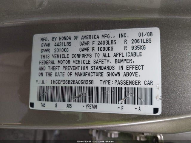 Продаж на аукціоні авто 2008 Honda Accord 2.4 Ex-l, vin: 1HGCP26828A068258, номер лоту: 44723483