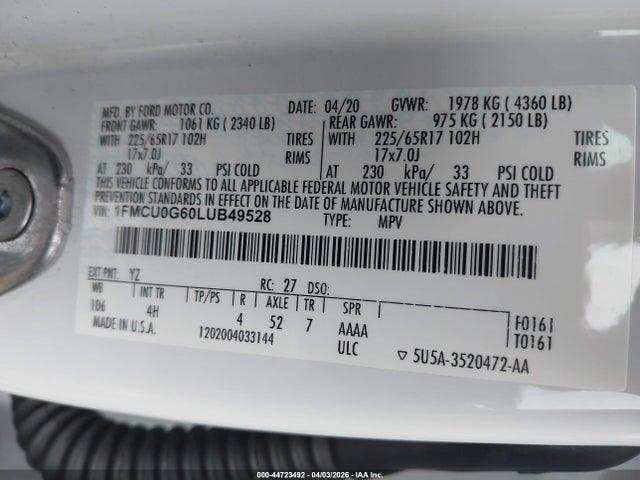 1FMCU0G60LUB49528 Ford ESCAPE SE