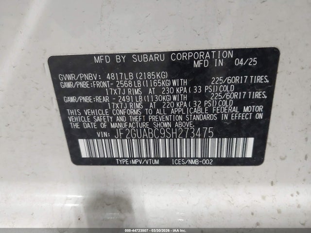 2025 Subaru Crosstrek მანქანა იყიდება აუქციონზე, vin: JF2GUABC9SH273475, აუქციონის ნომერი: 44723507