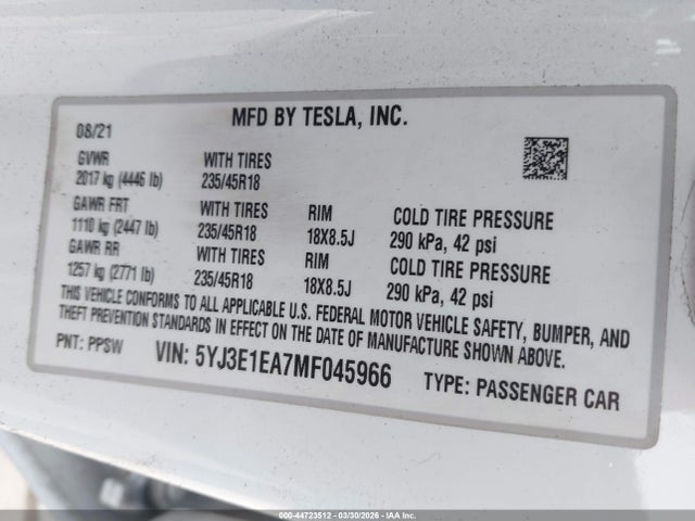 44723512 :رقم المزاد ، 5YJ3E1EA7MF045966 vin ، 2021 Tesla Model 3 Standard Range Plus Rear-wheel Drive مزاد بيع
