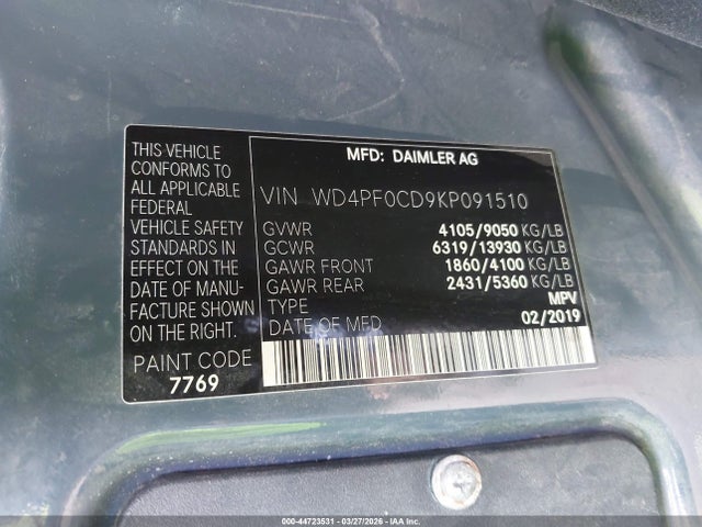 Продажа на аукционе авто 2019 Mercedes-benz Sprinter 2500 High Roof V6, vin: WD4PF0CD9KP091510, номер лота: 44723531