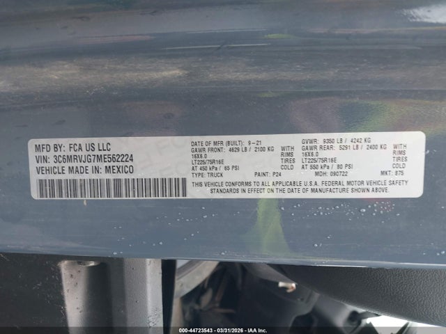 Auction sale of the 2021 Ram Promaster 3500 Cargo Van High Roof 159 Wb Ext, vin: 3C6MRVJG7ME562224, lot number: 44723543
