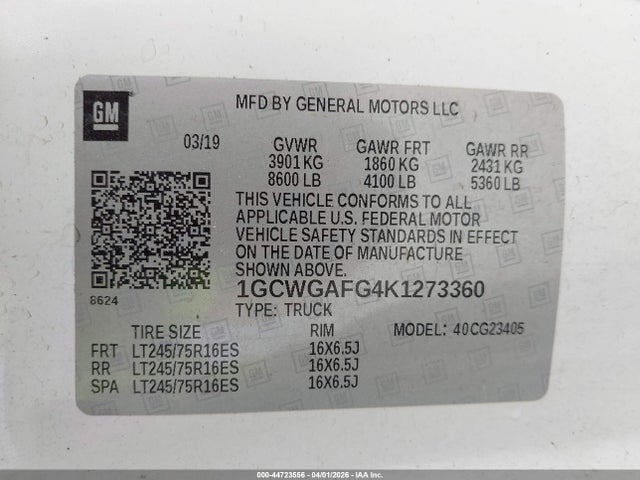 1GCWGAFG4K1273360 Chevrolet Express 2500 Work Van