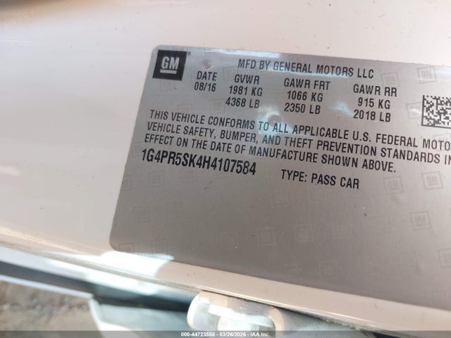 2017 Buick Verano Sport Touring მანქანა იყიდება აუქციონზე, vin: 1G4PR5SK4H4107584, აუქციონის ნომერი: 44723558