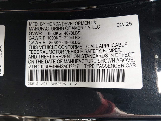 2025 Acura Integra A-spec Technology მანქანა იყიდება აუქციონზე, vin: 19UDE4H64SA012217, აუქციონის ნომერი: 44723564