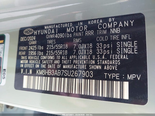 Aukcja sprzedaży 2025 Hyundai Kona Sel, vin: KM8HB3AB7SU267903, numer aukcji: 44723571