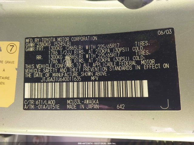 Продаж на аукціоні авто 2004 Lexus Rx 330, vin: JTJGA31U640011635, номер лоту: 44723574