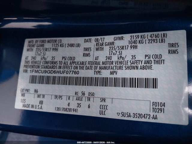 1FMCU9GD6HUF07760 Ford ESCAPE SE