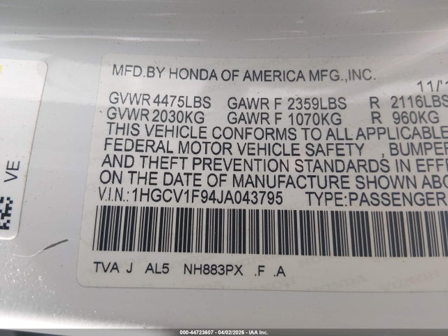2018 Honda Accord Touring მანქანა იყიდება აუქციონზე, vin: 1HGCV1F94JA043795, აუქციონის ნომერი: 44723607