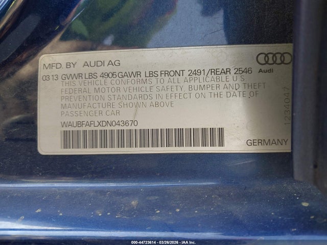 44723614 :رقم المزاد ، WAUBFAFLXDN043670 vin ، 2013 Audi A4 2.0t Premium مزاد بيع