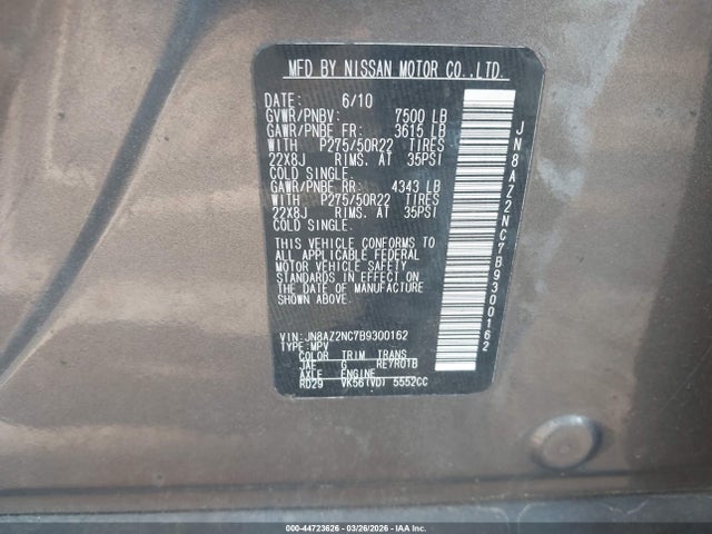 44723626 :رقم المزاد ، JN8AZ2NC7B9300162 vin ، 2011 Infiniti Qx56 مزاد بيع