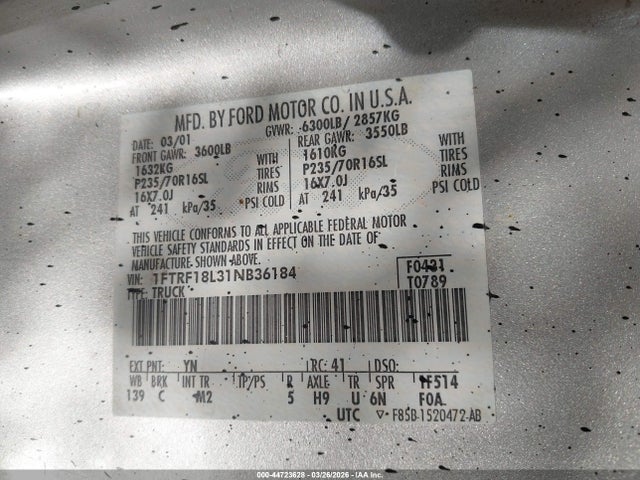 2001 Ford F-150 Xl/xlt მანქანა იყიდება აუქციონზე, vin: 1FTRF18L31NB36184, აუქციონის ნომერი: 44723628