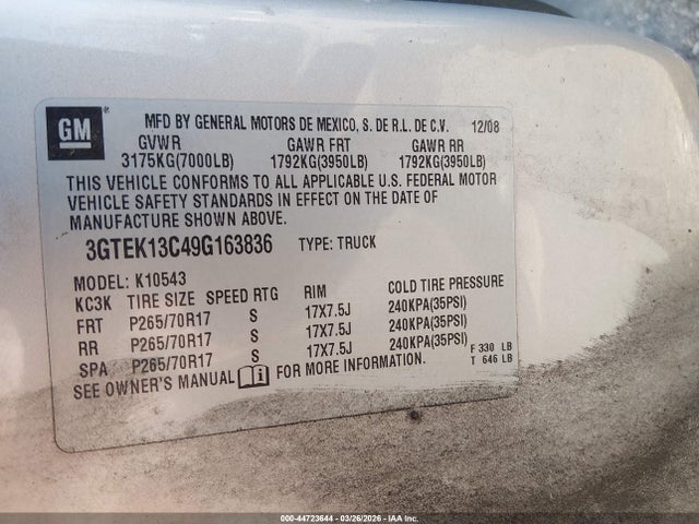 Продаж на аукціоні авто 2009 Gmc Sierra 1500 Sl, vin: 3GTEK13C49G163836, номер лоту: 44723644