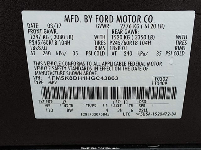 2017 Ford Explorer Xlt მანქანა იყიდება აუქციონზე, vin: 1FM5K8DH1HGC43863, აუქციონის ნომერი: 44723664