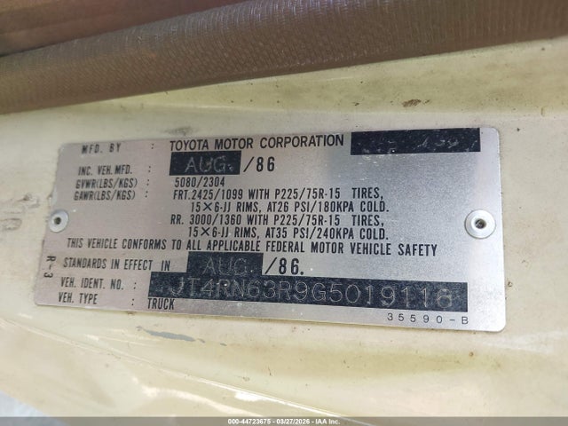 Aukcja sprzedaży 1986 Toyota Pickup Rn63 Std, vin: JT4RN63R9G5019116, numer aukcji: 44723675