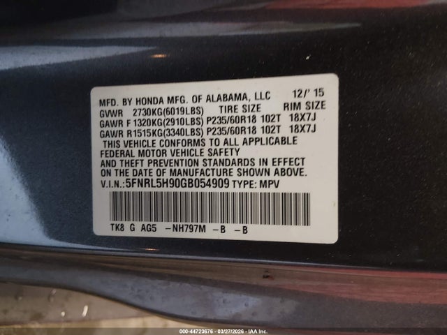 2016 Honda Odyssey Touring/touring Elite მანქანა იყიდება აუქციონზე, vin: 5FNRL5H90GB054909, აუქციონის ნომერი: 44723676