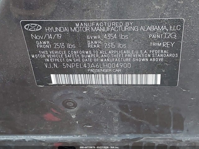 2020 Hyundai Sonata Sel მანქანა იყიდება აუქციონზე, vin: 5NPEL4JA6LH004900, აუქციონის ნომერი: 44723679