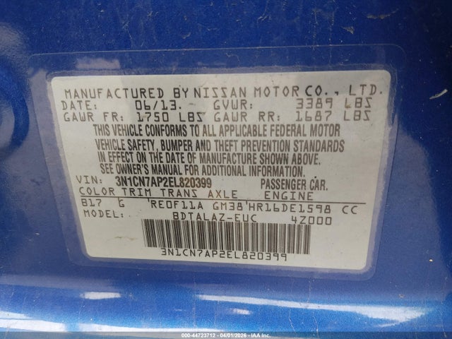 Aukcja sprzedaży 2014 Nissan Versa 1.6 S+, vin: 3N1CN7AP2EL820399, numer aukcji: 44723712
