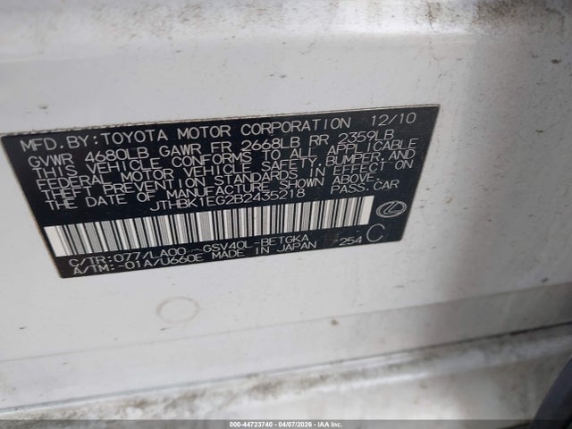44723740 :رقم المزاد ، JTHBK1EG2B2435218 vin ، 2011 Lexus Es 350 مزاد بيع