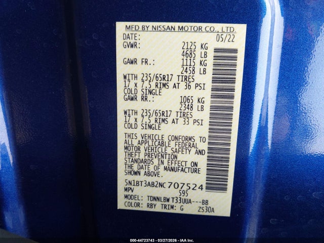 Продажа на аукционе авто 2022 Nissan Rogue S Intelligent Awd, vin: 5N1BT3AB2NC707524, номер лота: 44723743