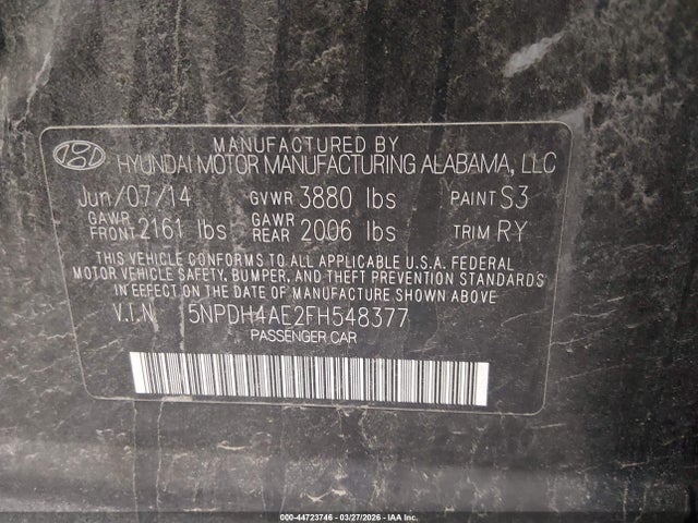 5NPDH4AE2FH548377 Hyundai Elantra Limited