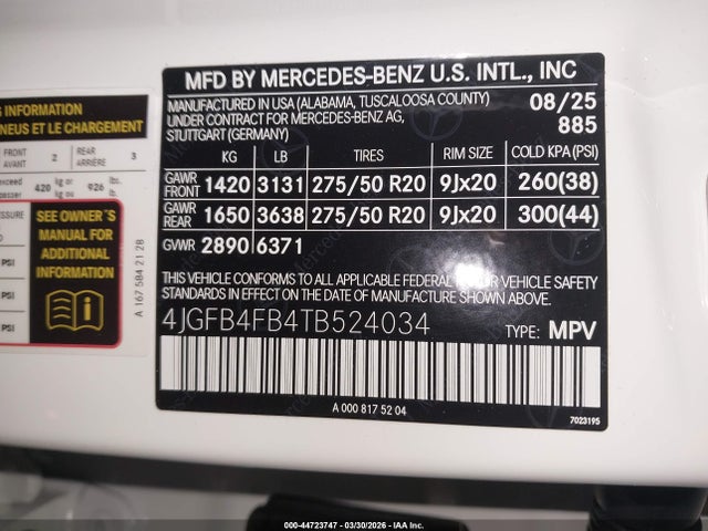 44723747 :رقم المزاد ، 4JGFB4FB4TB524034 vin ، 2026 Mercedes-benz Gle 350 مزاد بيع