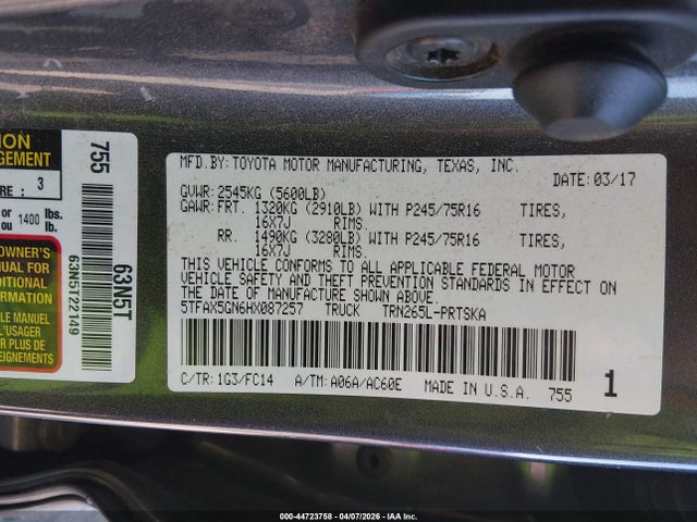 5TFAX5GN6HX087257 Toyota Tacoma Sr5