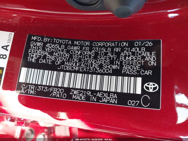 44723778 :رقم المزاد ، JTDBCMFEXT3136004 vin ، 2026 Toyota Corolla Hybrid Hybrid Le مزاد بيع
