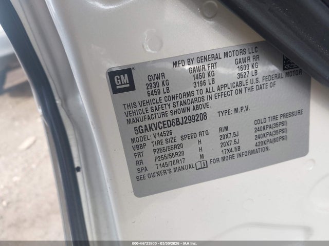 44723800 :رقم المزاد ، 5GAKVCED6BJ299208 vin ، 2011 Buick Enclave 2xl مزاد بيع