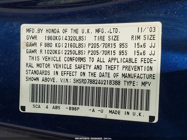 2004 HONDA CR-V SHSRD78824U218388 Photo 8