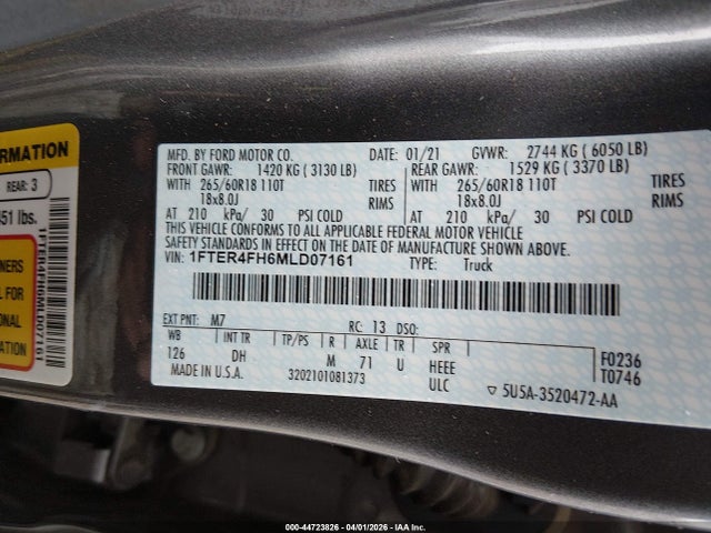 Продажа на аукционе авто 2021 Ford Ranger Lariat, vin: 1FTER4FH6MLD07161, номер лота: 44723826