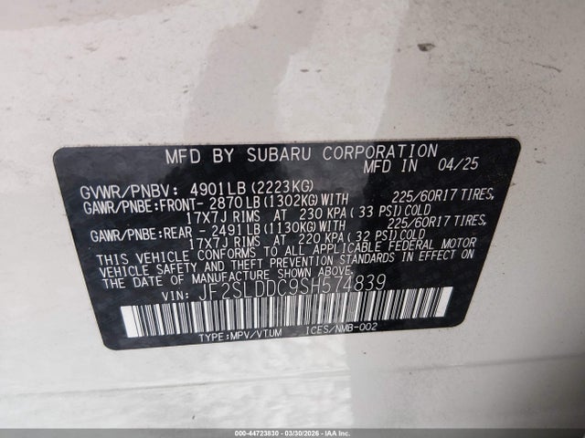 2025 Subaru Forester Premium მანქანა იყიდება აუქციონზე, vin: JF2SLDDC9SH574839, აუქციონის ნომერი: 44723830
