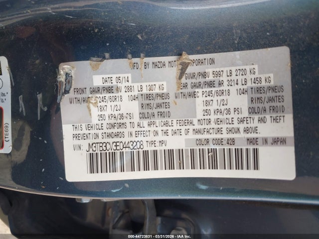 Aukcja sprzedaży 2014 Mazda Cx-9 Touring, vin: JM3TB3CV3E0443208, numer aukcji: 44723831