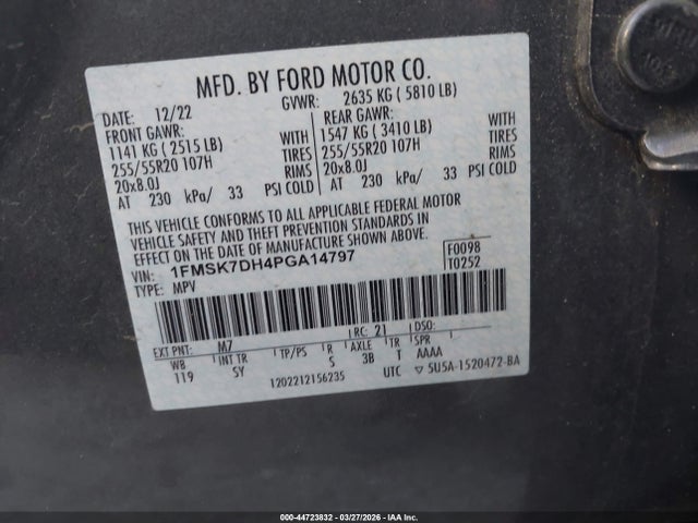 44723832 :رقم المزاد ، 1FMSK7DH4PGA14797 vin ، 2023 Ford Explorer Xlt مزاد بيع