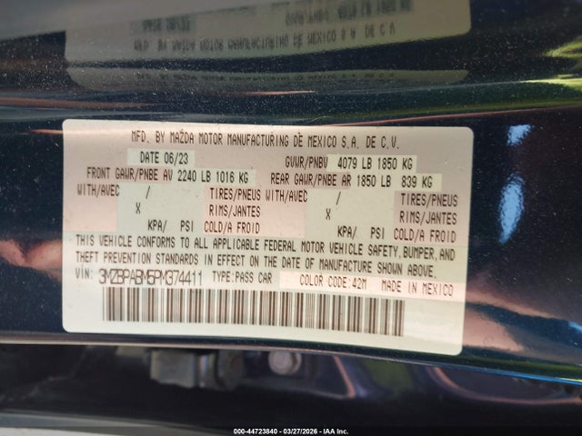 Aukcja sprzedaży 2023 Mazda Mazda3 2.5 S Select, vin: 3MZBPABM5PM374411, numer aukcji: 44723840