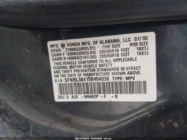 Aukcja sprzedaży 2005 Honda Odyssey Ex, vin: 5FNRL38415B404036, numer aukcji: 44723872
