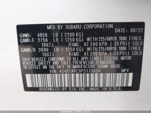Продаж на аукціоні авто 2023 Subaru Outback Touring, vin: 4S4BTAPC9P3113634, номер лоту: 44723888