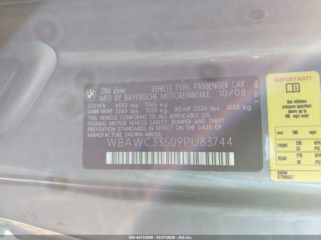 Aukcja sprzedaży 2009 Bmw 328i Xdrive, vin: WBAWC33509PU83744, numer aukcji: 44723899