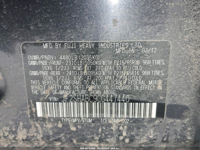 Aukcja sprzedaży 2012 Subaru Forester 2.5x, vin: JF2SHABC9CG447440, numer aukcji: 44723900