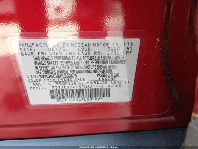 Aukcja sprzedaży 2023 Nissan Kicks Sv Xtronic Cvt, vin: 3N1CP5CV6PL539879, numer aukcji: 44723907