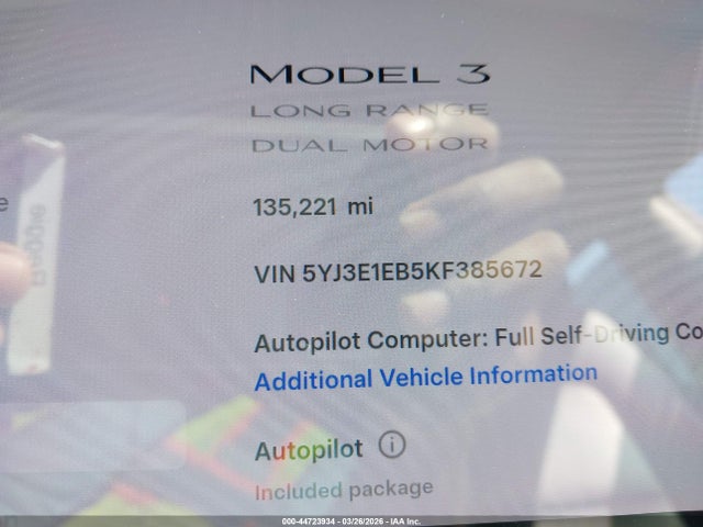Продаж на аукціоні авто 2019 Tesla Model 3 Long Range/performance, vin: 5YJ3E1EB5KF385672, номер лоту: 44723934
