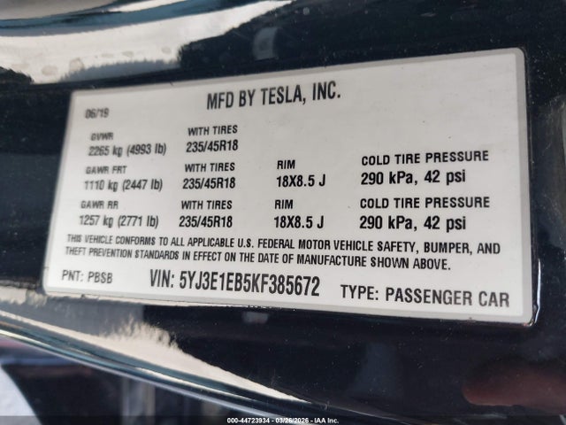 Продаж на аукціоні авто 2019 Tesla Model 3 Long Range/performance, vin: 5YJ3E1EB5KF385672, номер лоту: 44723934