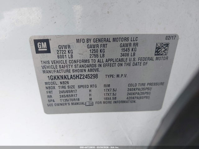 44723935 :رقم المزاد ، 1GKKNKLA5HZ245298 vin ، 2017 Gmc Acadia Sle-1 مزاد بيع