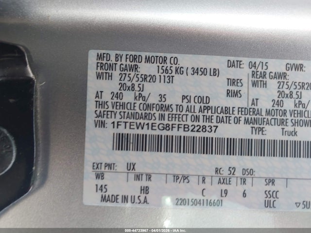 Продажа на аукционе авто 2015 Ford F-150 Lariat, vin: 1FTEW1EG8FFB22837, номер лота: 44723967
