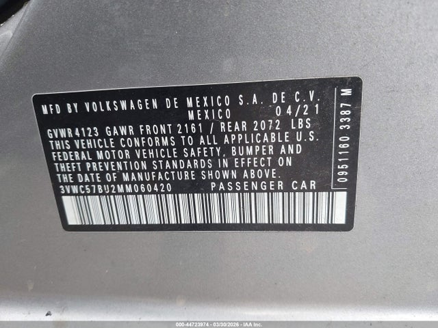 Продаж на аукціоні авто 2021 Volkswagen Jetta 1.4t R-line/1.4t S/1.4t Se, vin: 3VWC57BU2MM060420, номер лоту: 44723974
