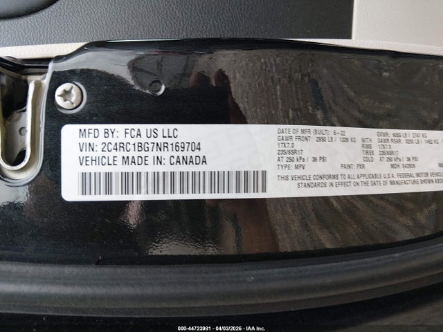 44723981 :رقم المزاد ، 2C4RC1BG7NR169704 vin ، 2022 Chrysler Pacifica Touring L مزاد بيع