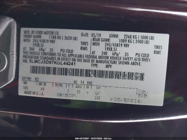 Продаж на аукціоні авто 2019 Lincoln Mkc Reserve, vin: 5LMCJ3D97KUL44241, номер лоту: 44723987